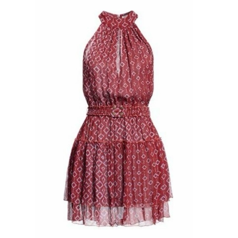 Poupette St. Barth Silk Halter Mini Dress Size Medium Ruffled Brick Red New NWT